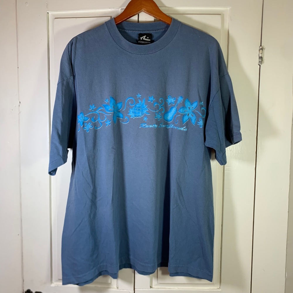 Vintage Rusty Surfboards T Shirt XL Blue Floral Ukulele Single Stitch 90s USA